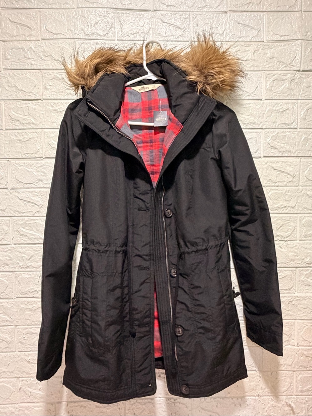 Hollister Black Trench Coat with Faux-Fur Hood & Red Plaid Lining
